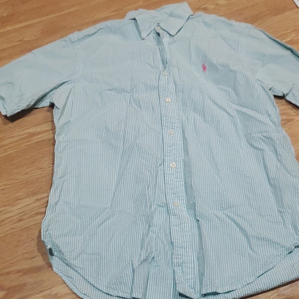 blueish greenish button up ralph lauren shirt with pink horse.